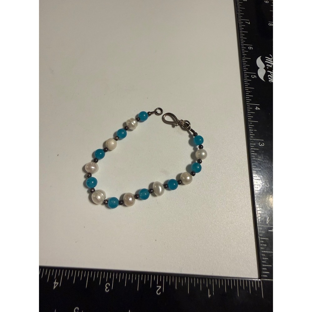 Sterling Silver 925 Freshwater Pearl and Blue Bead‎ Hook Clasp Bracelet 7.5 Inch